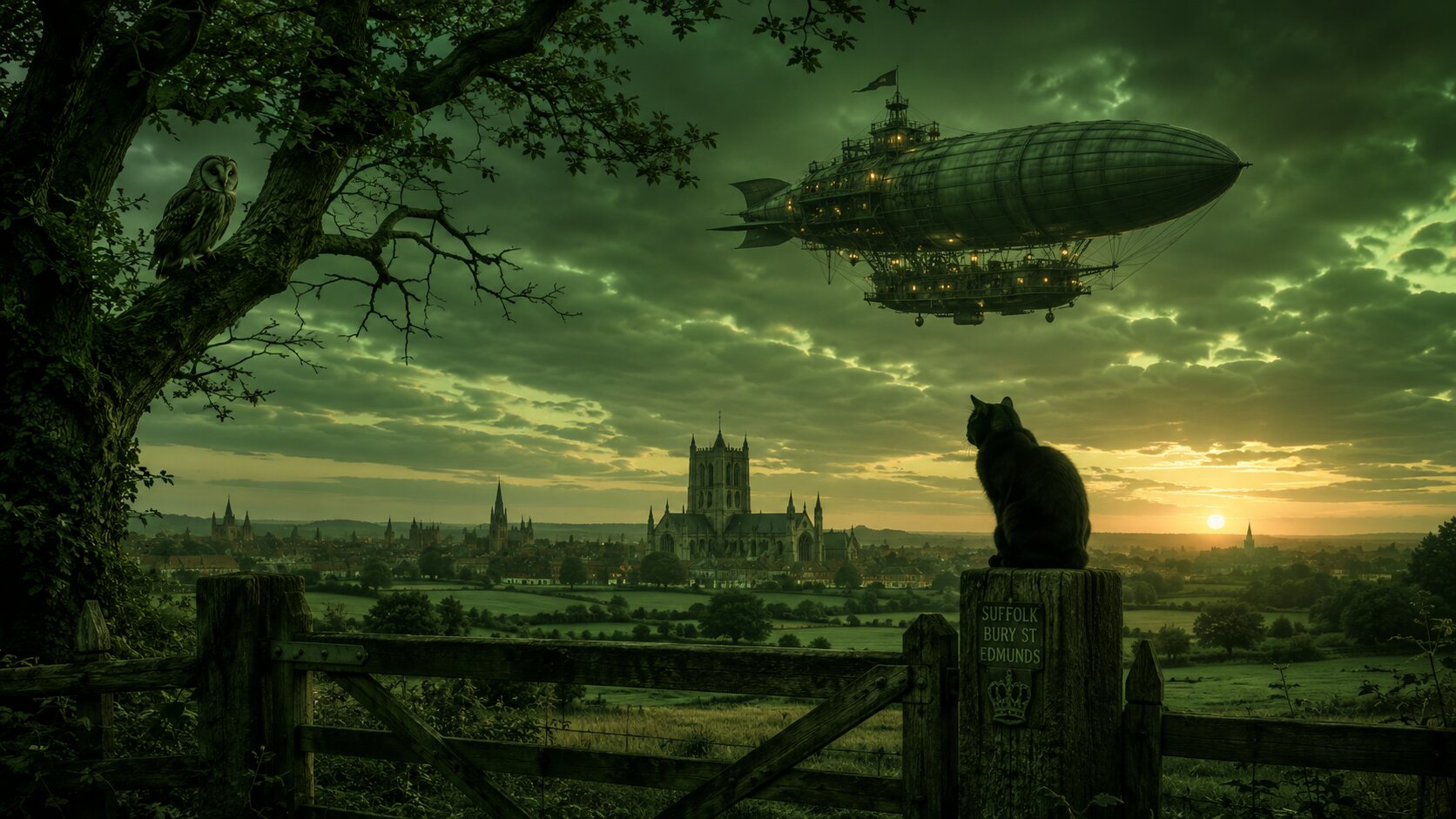 Rural Suffolk airship, cat and owl