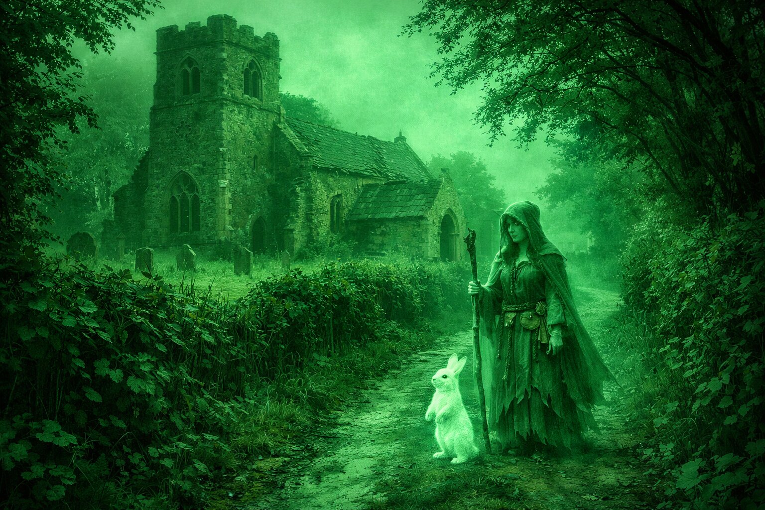 Ghost of a witch at medieval church