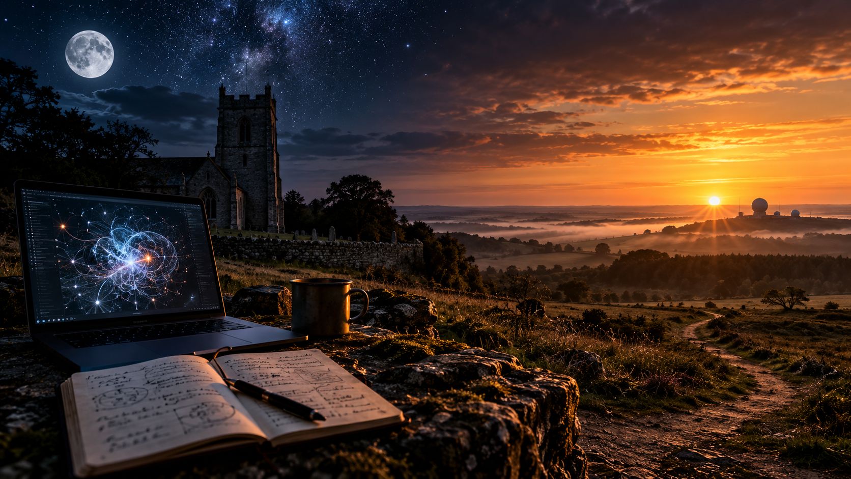 Cosmic dawn workspace by the ruins