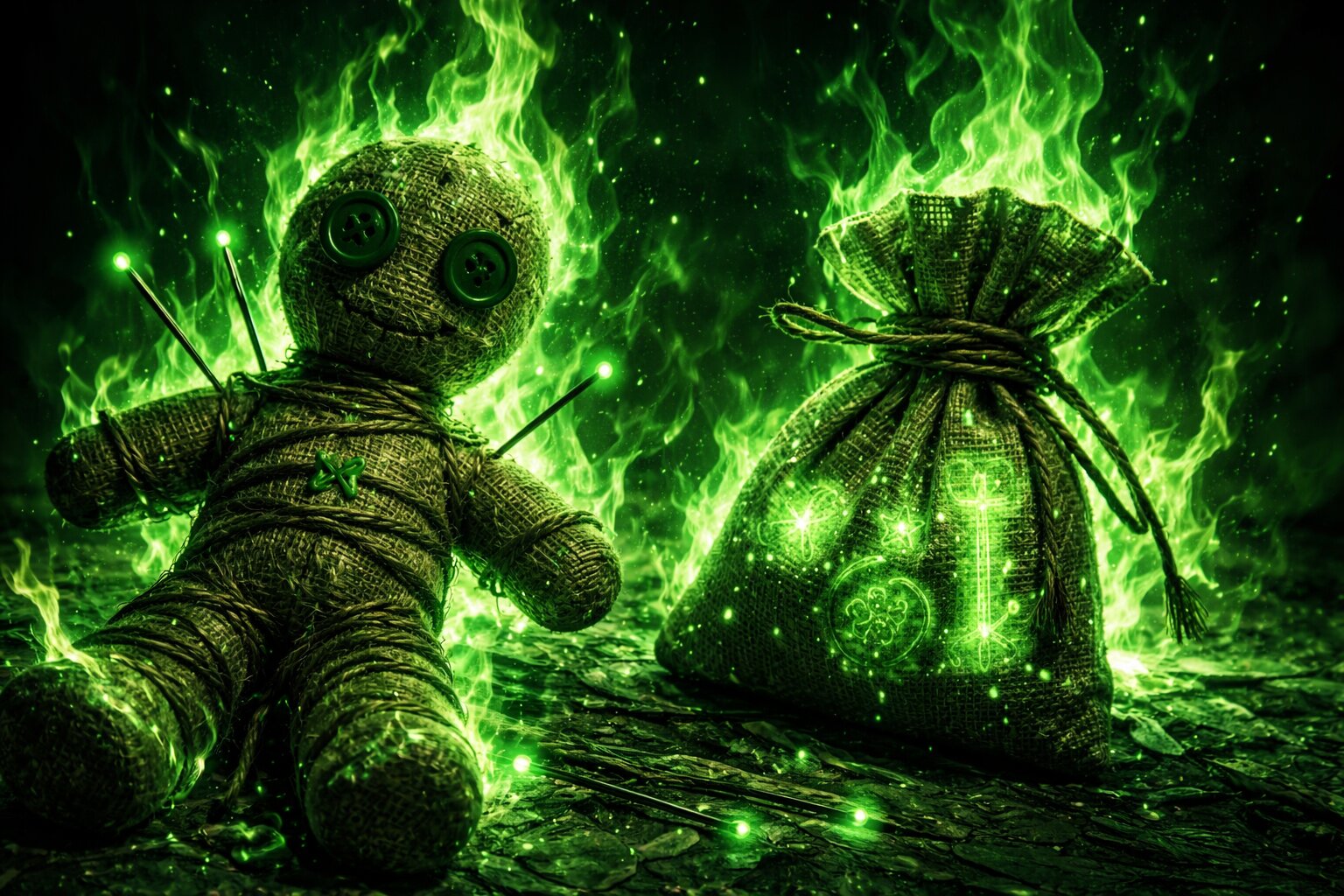 Big Bad Hex voodoo doll mojo hand on fire