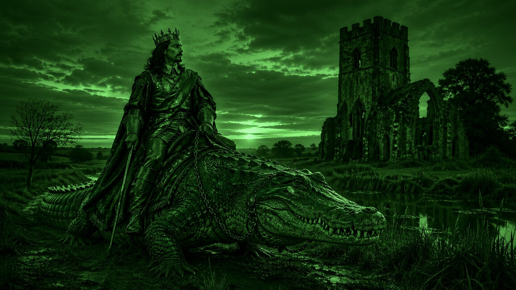 Duke Sallos riding alligator rural Suffolk at twilight