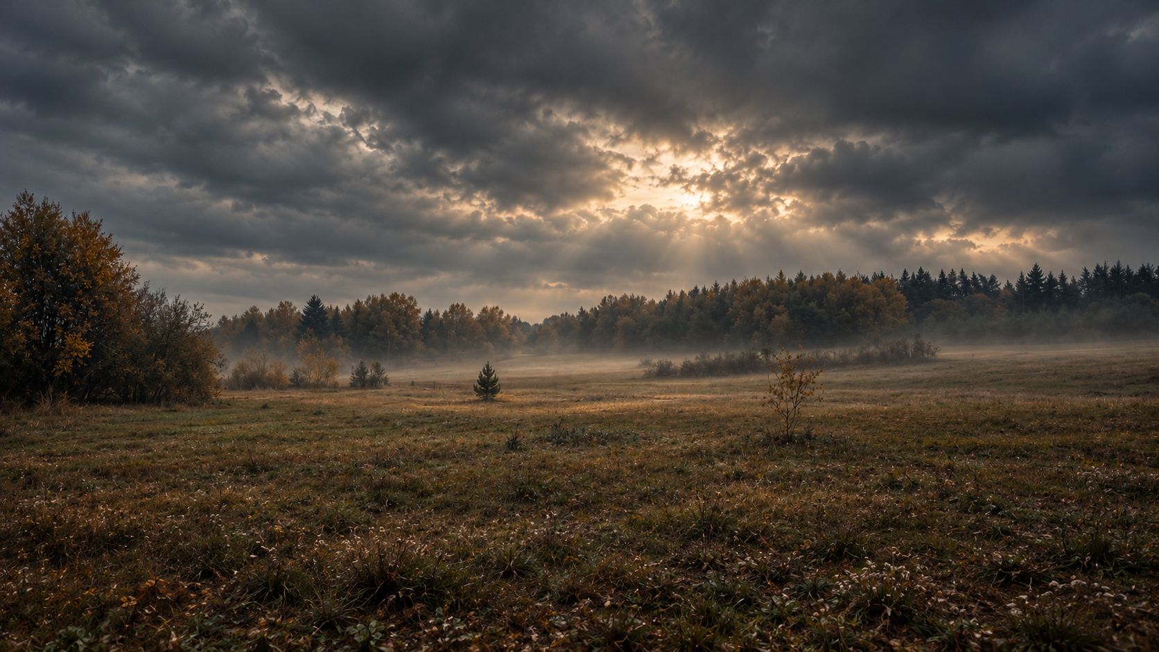 Open Norfolk landscape and dark woodland beneath a dramatic sky