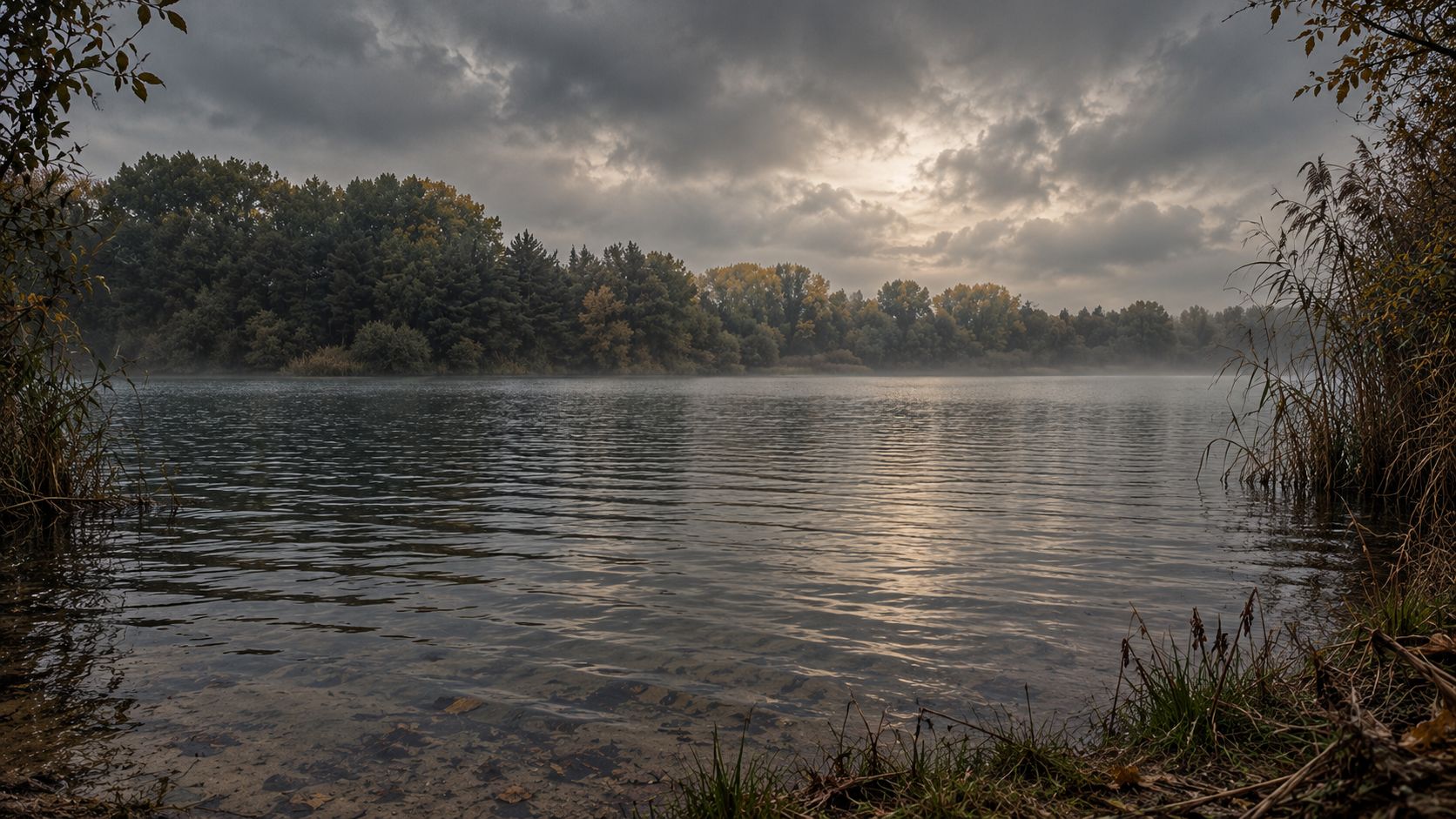 Lynford Water beneath a brooding autumn sky