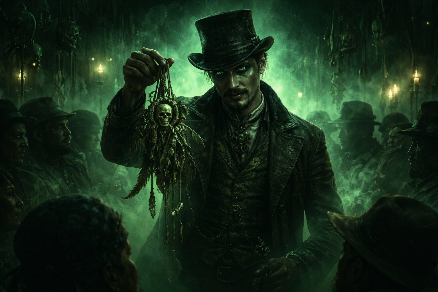 Magician wearing top hat, holding gris gris, sinister