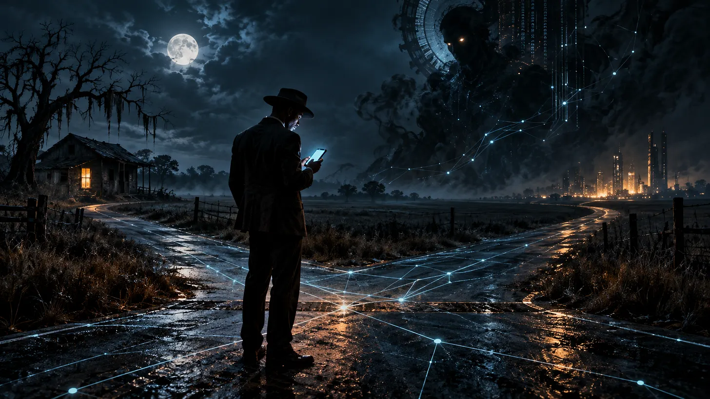 A man standing at a country crossroads in rural Mississippi at night