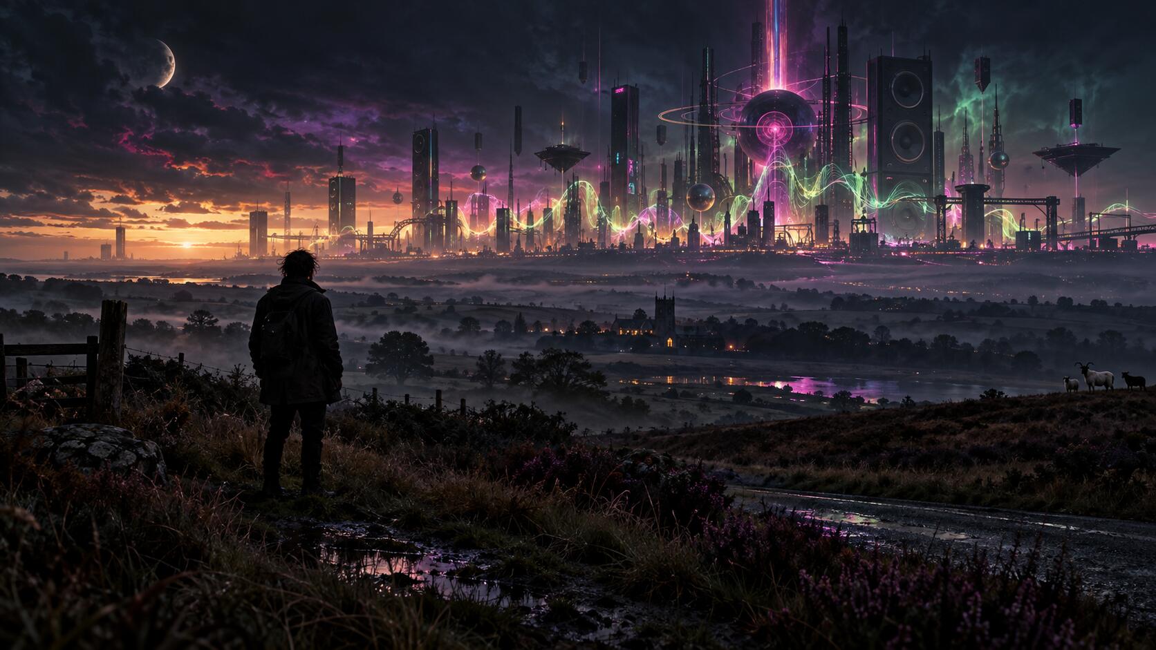 Moorland dreams beneath a neon metropolis