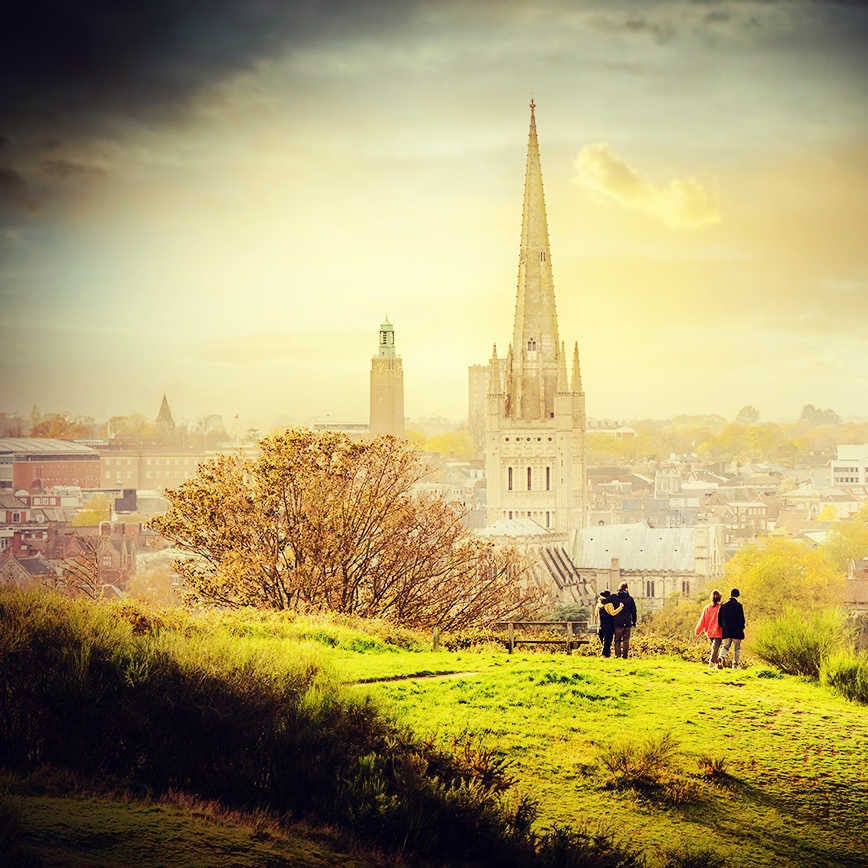 A misty scene overlooking Norwich Cathedral