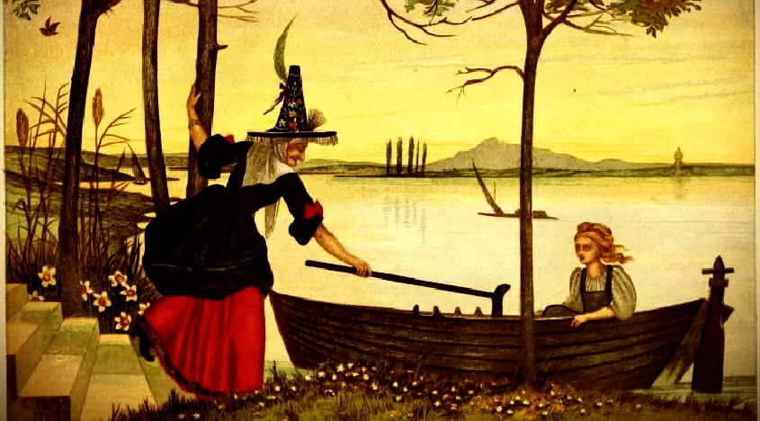 Illustration of a witch in a red skirt by a large lake pulling in a rowing boat with a young girl in it